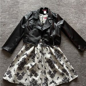 Black Faux Leather Moto Jacket with White & Black Floral Dress
